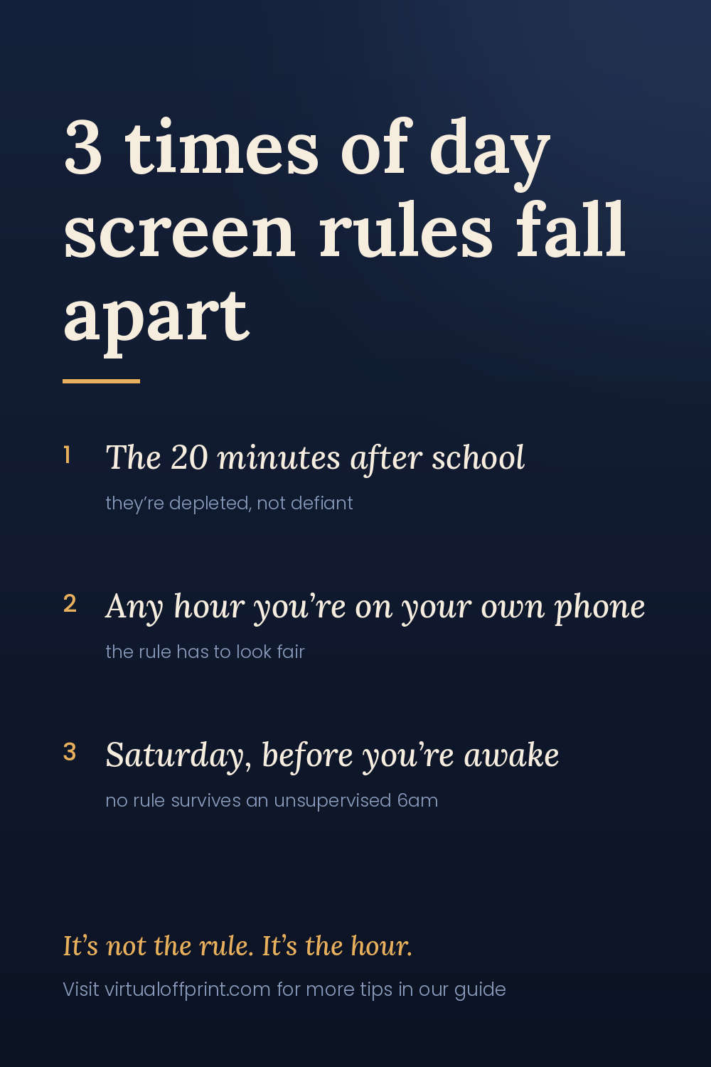 Graphic titled "3 times of day screen rules fall apart," naming after school, parent phone use, and early weekend mornings.