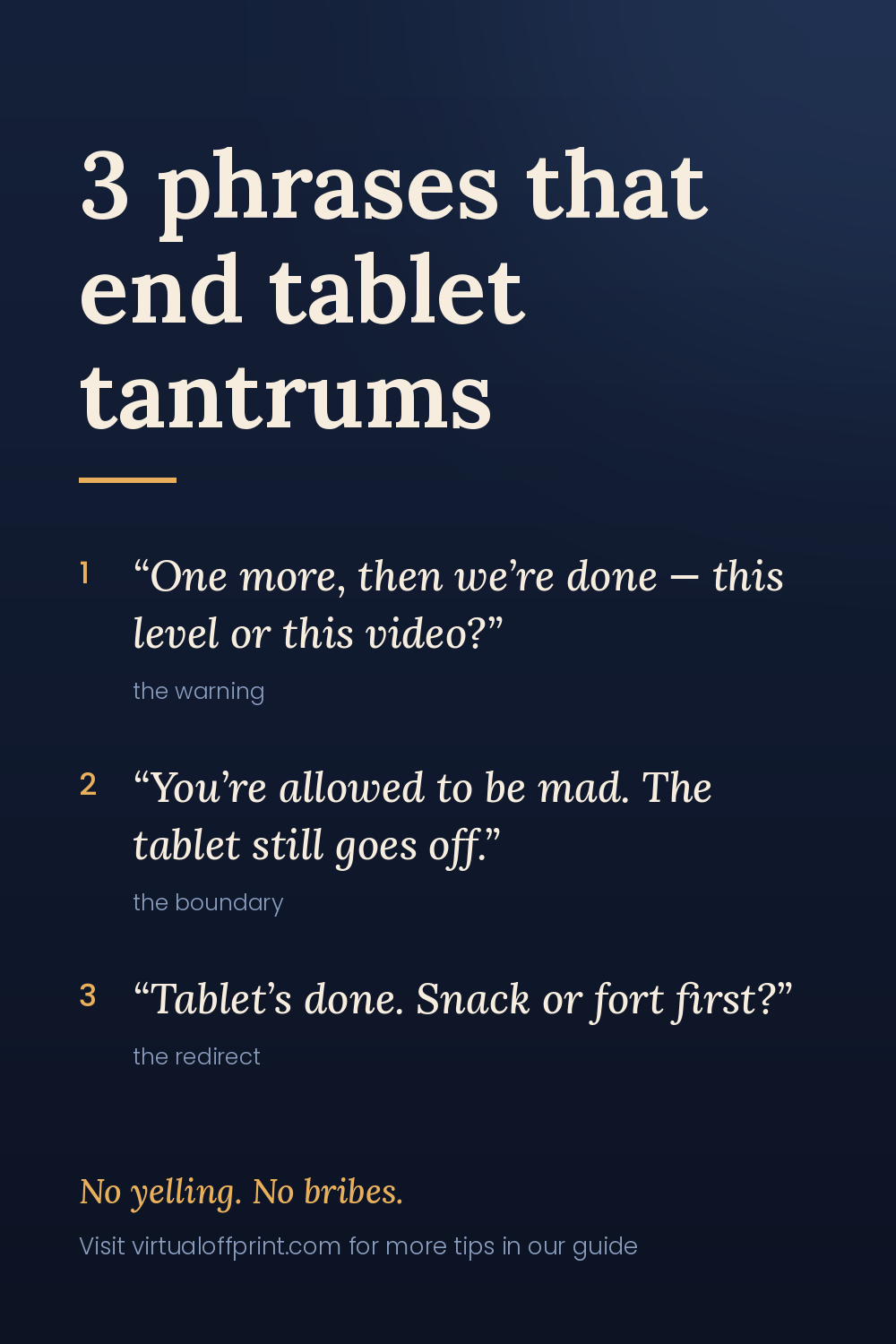 Graphic titled "3 phrases that end tablet tantrums," listing a warning, a boundary, and a redirect.